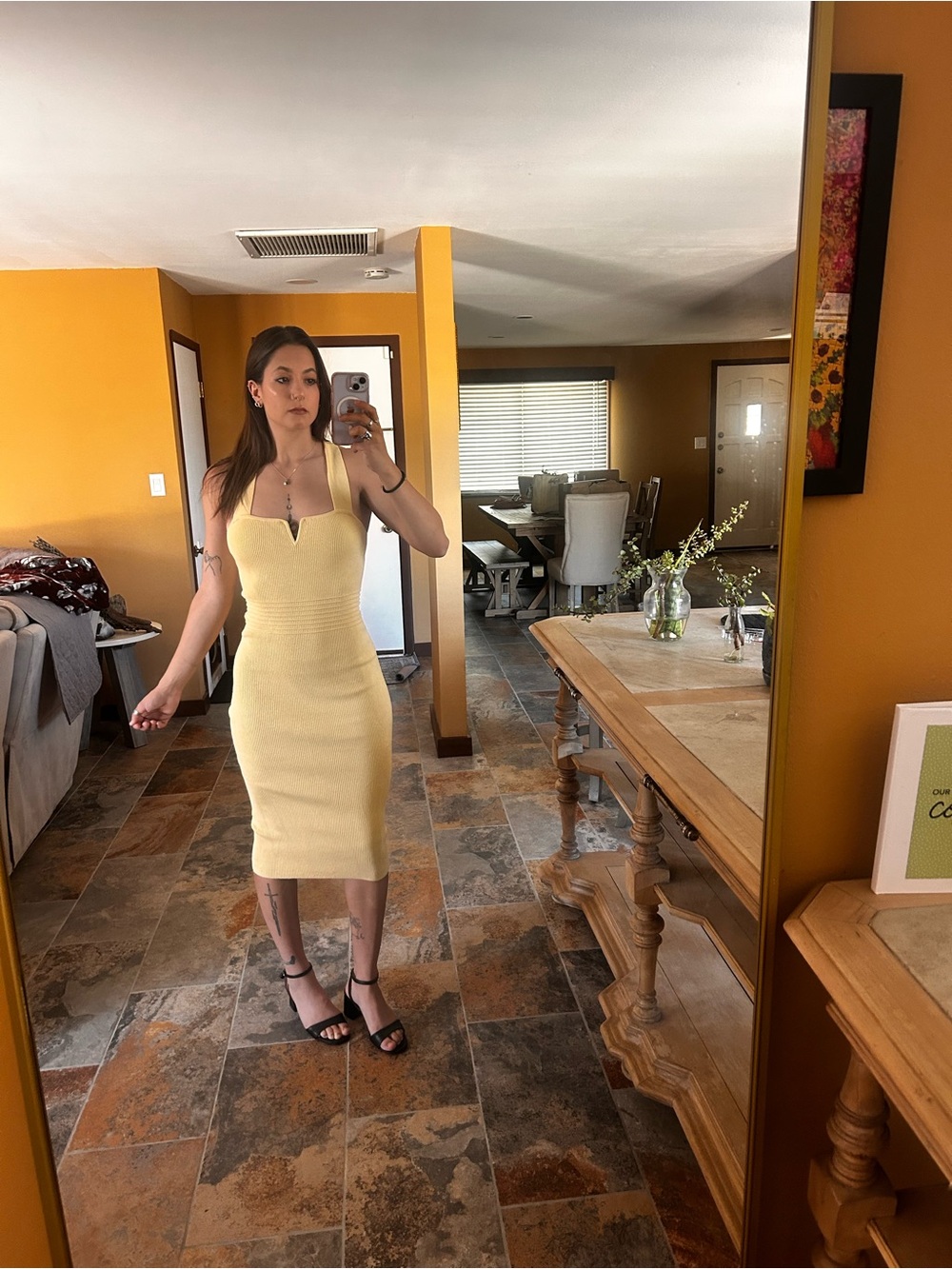 Express Pastel Yellow Bodycon Midi Dress Cross Open Back Ruched Medium/Small - Picture 2 of 10
